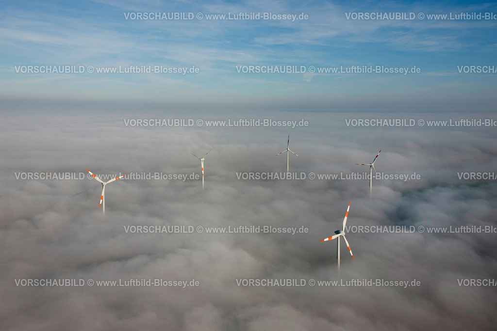 KyffhaeuserGebirge11111538 | Windkraftwerke die aus einer Wolkendecke herausschauen, Windenergie, alternative Energie,  Kyffhaeuserkreis, Thueringen, , Thuringia, Germany, Europa