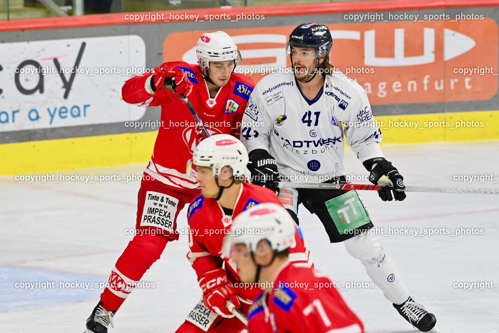 EC KAC Future Team vs. Die Adler Kitzbühl 7.10.2023 | #41 Szabad Kevin EC Kitzbühel, #15 Slibar Ozbe, EC KAC Future Team vs. Die Adler Kitzbühl 7.10.2023, EC KAC Future Team vs. Die Adler Kitzbühl am 07.10.2023 in Klagenfurt (Messehalle Klagenfurt), Austria, (Photo by Bernd Stefan)