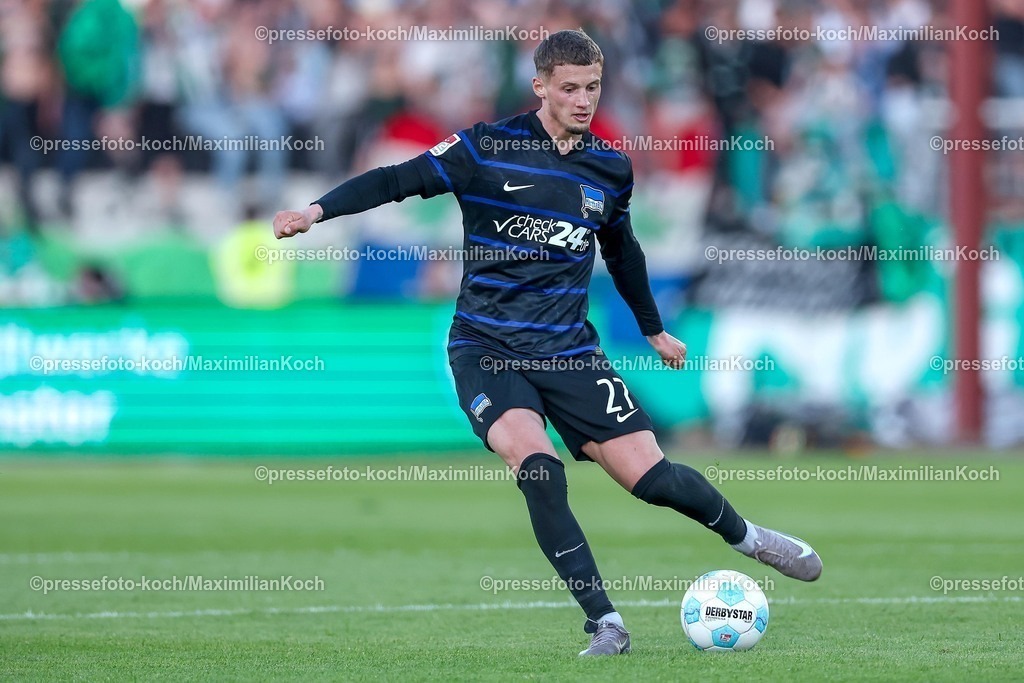 SCP09052502371 | 09.05.2025, Fußball, Preußen Münster - Hertha BSC, 2. Fußball Bundesliga, 33. Spieltag, Preußenstadion, Saison 2024 2025: Michael Cuisance (Hertha BSC #27) DFB regulations prohibit any use of photographs as image sequences and or quasi-video.