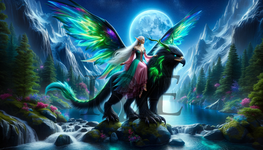 DALL_E 2023-10-06 15.37.37 - Photorealistic scene of the elven lady with vibrant neon fairy wings_ riding a powerful black griffin that boasts a hint of green in its fur. Together | psy4fly - Realisiert mit Pictrs.com