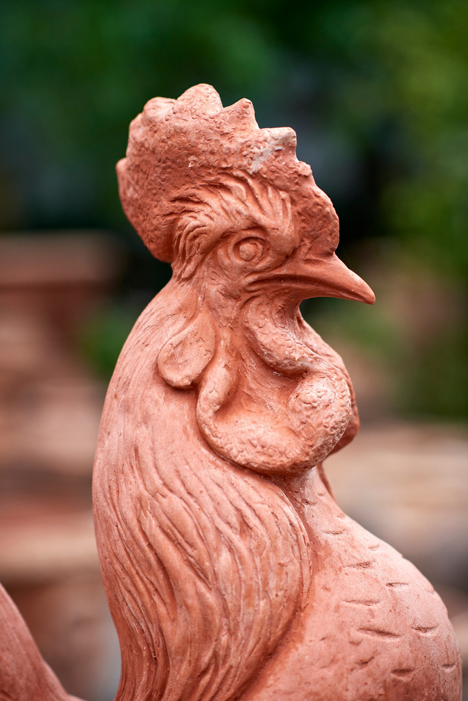 Hahn-Keramikfigur im Hof | Deruta, Italien - August 31, 2016: Keramikmanufaktur Torretti; Hahn-Keramikfigur im Hof, im Hintergrund mehrere Blumentöpfe. - Realisiert mit Pictrs.com