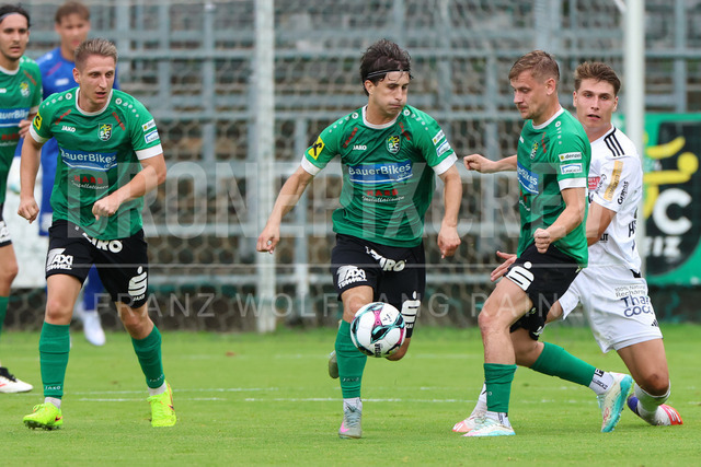 Friendly Match: SC Weiz vs TSV Hartberg in Weiz | Weiz, AUSTRIA, 01.JUL.26 - SOCCER - ADMIRAL Bundesliga, SC Weiz vs TSV Hartberg, test match. The image shows Nico Pichler (SC Weiz), Jonas Sander (SC Weiz), Philipp Schellnegger (SC Weiz) and Marco Hoffmann (Hartberg).