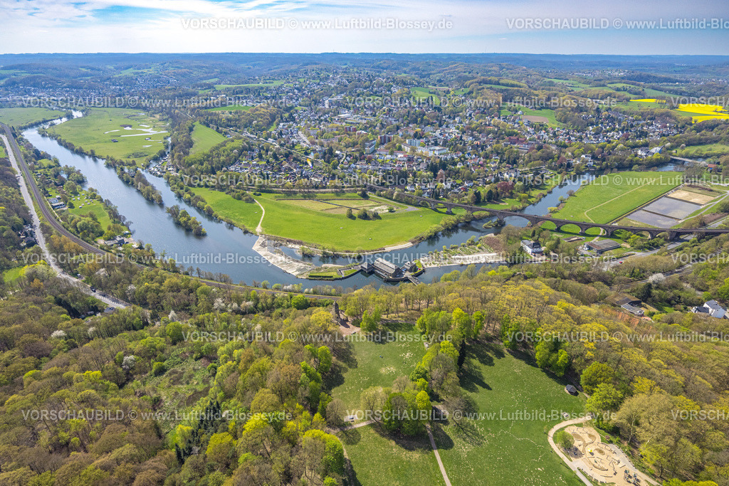 Witten260401792 | Luftbild, Fluss Ruhr und Wasserkraftwerk Hohenstein, Ruhrviadukt Witten, Campingplatz Steger und Naturschutzgebiet Ruhraue Gedern, Blick auf den Stadteil Bommern, Witten, Ruhrgebiet, Nordrhein-Westfalen, Deutschland