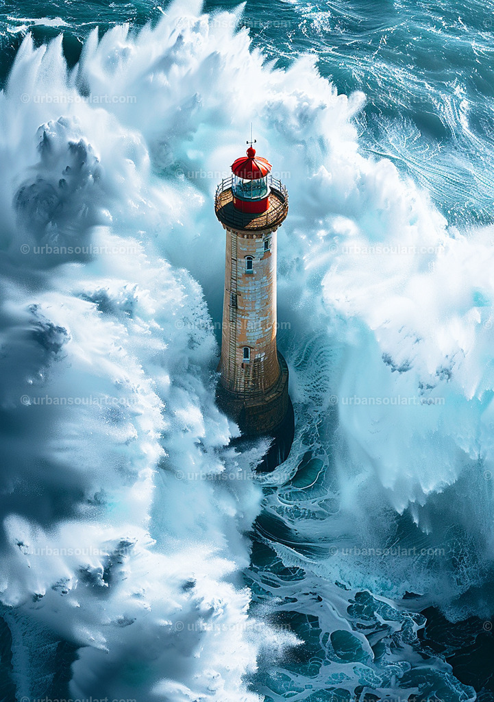 Lighthouse In The Middle Of Huge Waves | This powerful image of a lighthouse amidst towering waves conveys resilience and strength. Perfect for adding a dramatic, nature-inspired touch to any room, especially coastal-themed interiors. - Realisiert mit Pictrs.com