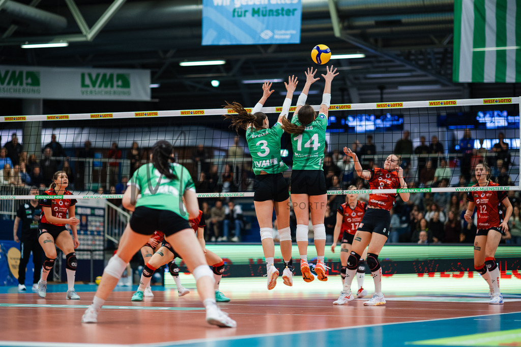 Volleyball, 1. Bundesliga Frauen, Hauptrunde, 8. Spieltag, Saison 2025/2026: USC Münster - Dresdner SC | 1. Bundesliga Frauen, Hauptrunde, 8. Spieltag, Saison 2025/2026, USC Münster empfängt Dresdner SC in der Sporthalle Berg Fidel in Münster. Foto: sportfotografie.ms | Markus Paletta - Realisiert mit Pictrs.com