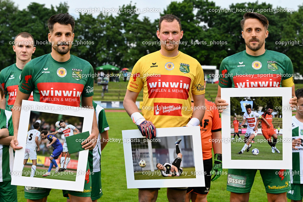 SV Rapid Lienz vs. URC Thal Assling | Spieler Ehrung SV Rapid Lienz, #2 Patrick Eder Rapid Lienz, #1 Julian Weiskopf Rapid Lienz, #5 Manuel Eder Rapid Lienz, SV Rapid Lienz vs. URC Thal Assling, SV Rapid Lienz vs. URC Thal Assling am 08.06.2024 in Lienz (Dolomiten Satadion), Austria, (Photo by Bernd Stefan)