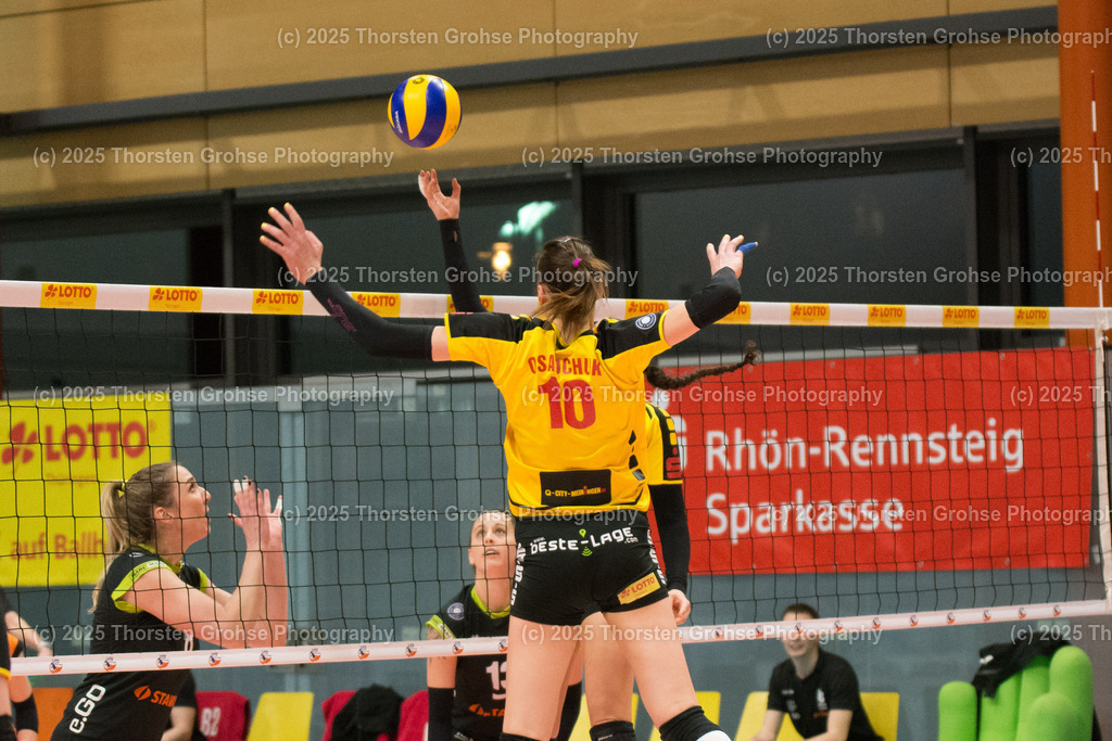 VBL VFB SUHL vs. LADIES IN BLACK AACHEN | Aachen in SCHWARZ gegen Suhl in GELB; VBL VFB SUHL vs. LADIES IN BLACK AACHEN, Volleyball-Bundesliga Frauen am 03.02.2018 in der Multihalle in Meiningen, (Deutschland) - Realisiert mit Pictrs.com