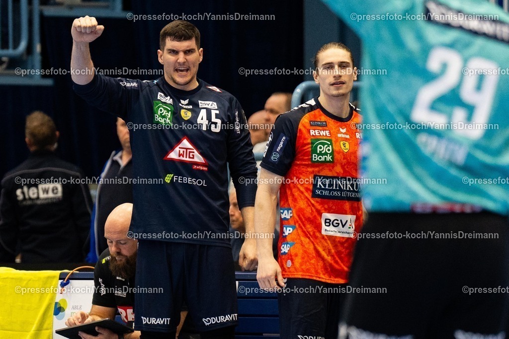 xYDR22022501016 | 22.02.2025, xydrx, Handball, 1.HBL, VFL Gummersbach - Rhein-Neckar-Löwen, Schwalbe-Arena: Halil Jaganjac (Rhein-Neckar-Loewen #45) jubelnd