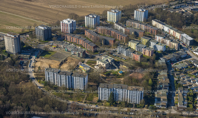 Heiligenhaus240302107 | Luftbild, Hochhaus Wohnsiedlung Oberilp, Baustelle am Europaplatz, Landschafts-Straßennamen, Heiligenhaus, Ruhrgebiet, Nordrhein-Westfalen, Deutschland