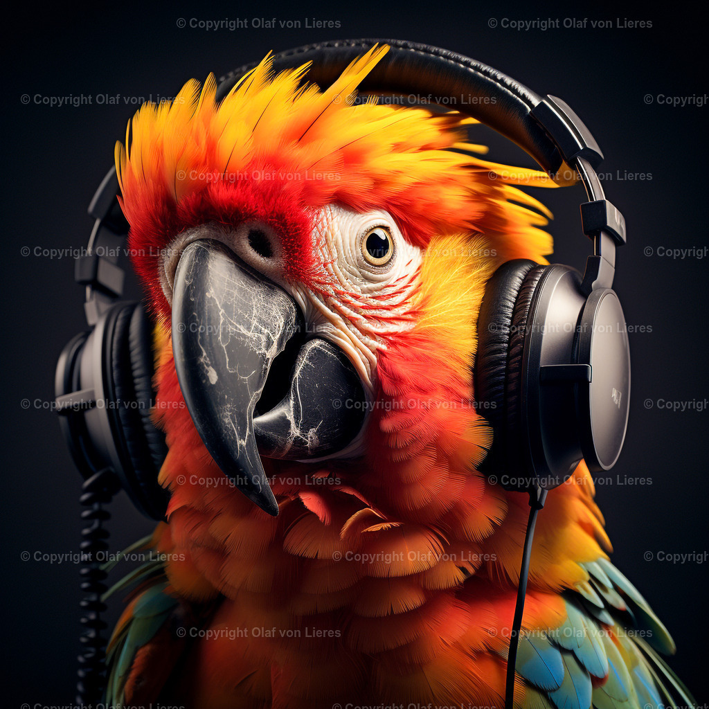 bunter Papagei mit Kopfhörer | farbenfroher Papagei hört Musik