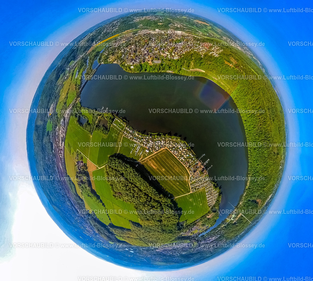 Wetter240590195HarkortSee | Luftbild, Ortsansicht und mittelalterlicher Ortskern Freiheit, Harkortsee mit Campingplatz Wassersportverein und Campingverein Hagen e.V., Erdkugel, Fisheye Aufnahme, Fischaugen Aufnahme, 360 Grad Aufnahme, tiny world, little planet, fisheye Bild, , Wetter, Ruhrgebiet, Nordrhein-Westfalen, Deutschland