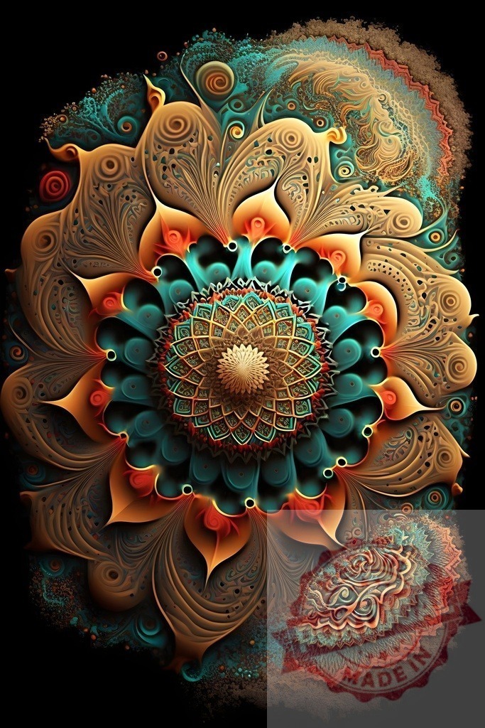 Ornate floral mandala artwork on black background | Abstract mandala design creating a vibrant, intricate, spiritual texture - Realized with Pictrs.com