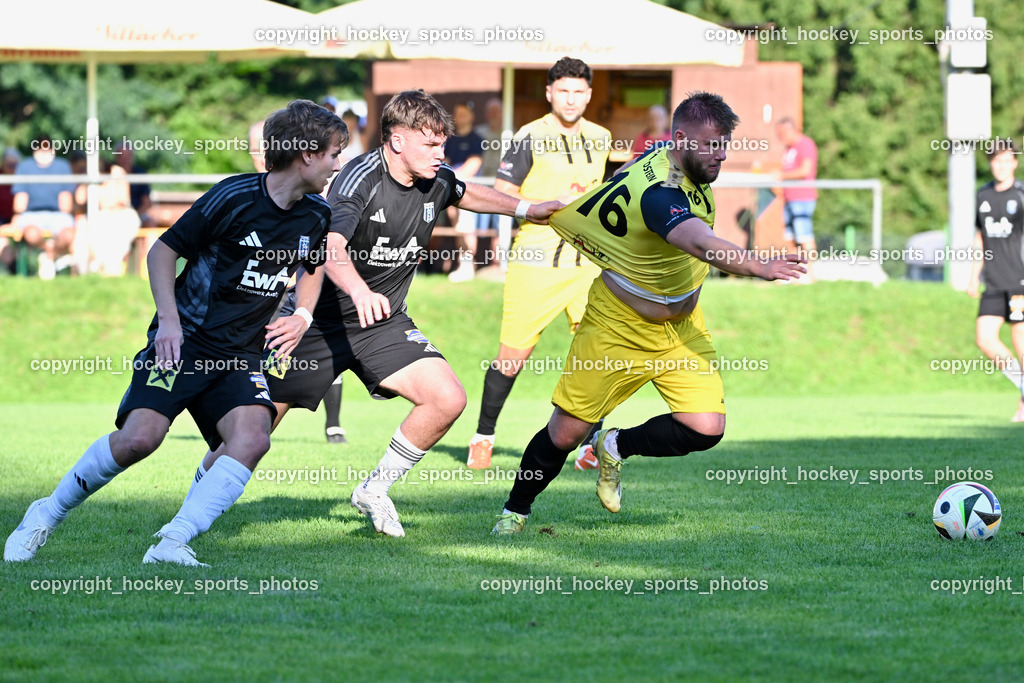 SV Arnoldstein vs. URC Thal Assling | #16 Luka Tolic SV Arnoldstein, #11 Pascal Oliver Kofler Thal Assling, #7 Florian Michael Huber Thal Assling, SV Arnoldstein vs. URC Thal Assling, SV Arnoldstein vs. URC Thal Assling am 09.08.2025 in Arnoldstein (Waldparkstadion Arnoldstein), Austria, (Photo by Bernd Stefan)
