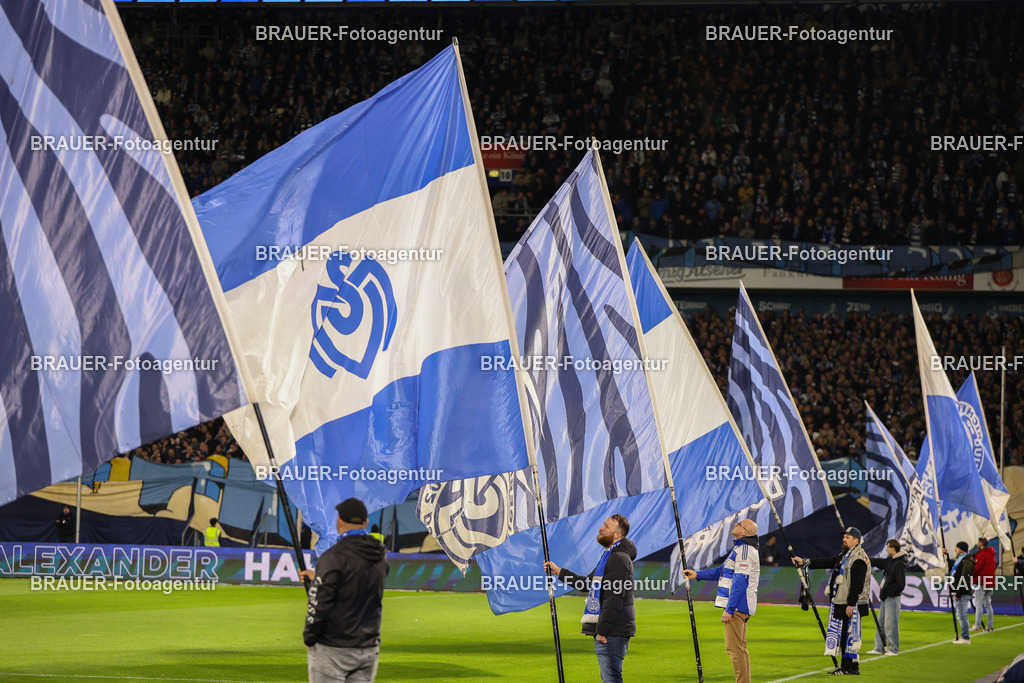 MSV Duisburg - Rot-Weiss Essen  | Duisburg, Deutschland, 26.10.2025 Fans halten Fahnen vom MSV Duisburg hoch  während des 3.Liga Spiels zwischen MSV Duisburg und Rot-Weiss Essen in der Schauinsland-Reisen-Arena am 26.10.2025 in Duisburg (Foto von Timo Bluhmki-Schmidt/ Brauer Fotoagentur