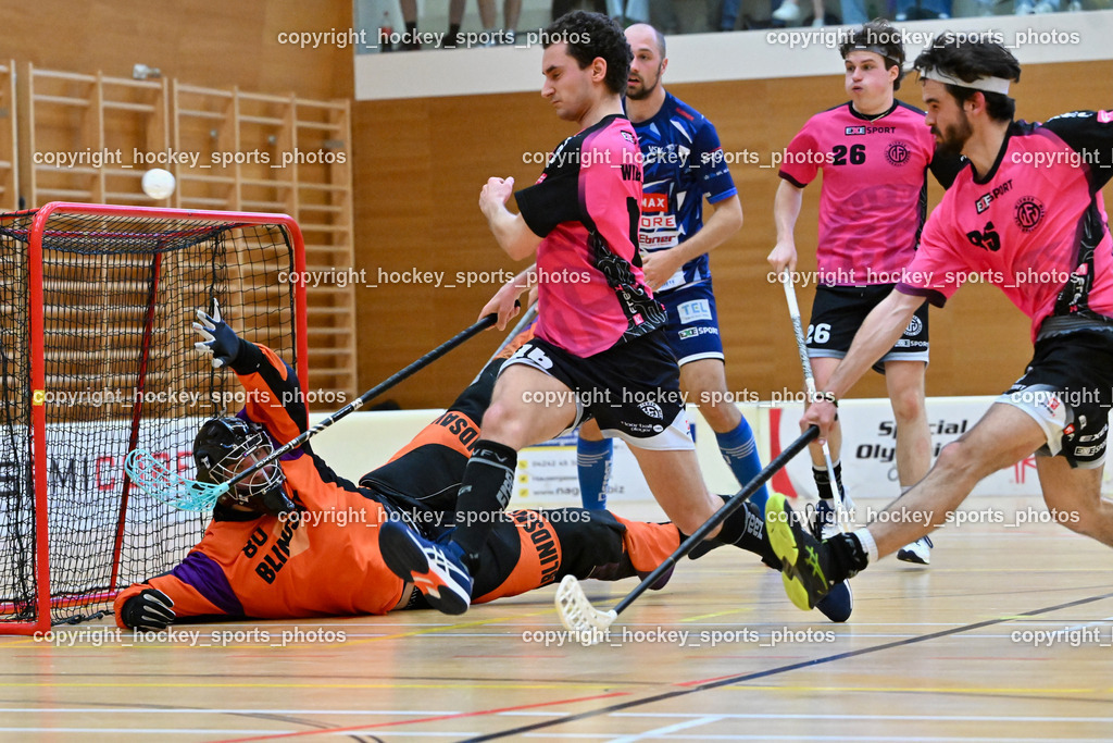 VSV Unihockey vs. Wiener Floorballferein 6.4.2024 | #80 Bernhard Bezucha Wiener Floorballverein, #16 Christian Göth Wiener Floorballverein, #26 Alexander Hanschur Wiener Floorballverein, #95 Niklas Felsberger Wiener Floorballverein, VSV Unihockey vs. Wiener Floorballferein 6.4.2024, VSV Unihockey vs. Wiener Floorballferein  am 06.04.2024 in Villach (Ballspielhalle St. Martin), Austria, (Photo by Bernd Stefan)