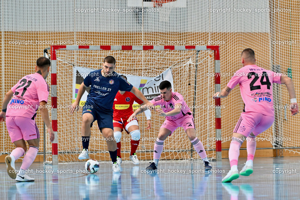 Carinthia Flamengo Futsal Club vs. LPSV-K | #21 Robert Dimitrov Carinthia Flamengo, #9 Dino Matoruga LPSV-K, #72 Armin Kahvedzic Carinthia Flamengo, #24 Zoran Vukovic Carinthia Flamengo, Carinthia Flamengo Futsal Club vs. LPSV-K, Carinthia Flamengo Futsal Club vs. LPSV-K am 03.11.2024 in Klagenfurt (Ballspielhalle Viktring), Austria, (Photo by Bernd Stefan)