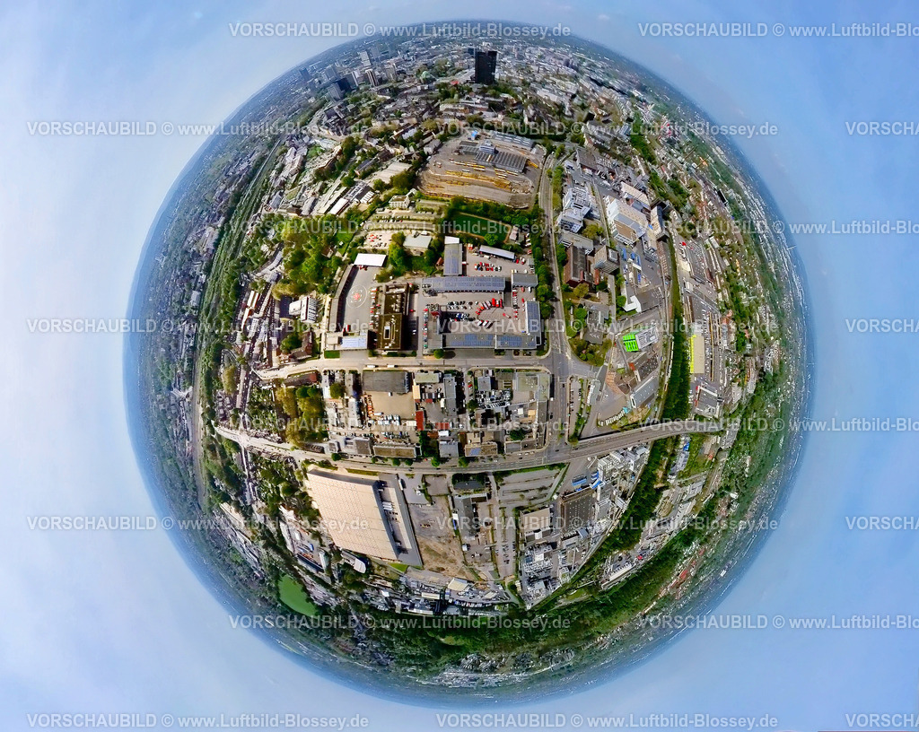 Essen240490069HauptwacheFeuerwehrEssen | Luftbild, Feuerwehr Essen Hauptwache 01 Feuerwache, Ruhrbahn GmbH Betriebshof Stadtmitte Straßenbahn und Bus Depot, Erdkugel, Fisheye Aufnahme, Fischaugen Aufnahme, 360 Grad Aufnahme, tiny world, little planet, fisheye Bild, Ostviertel, Essen, Ruhrgebiet, Nordrhein-Westfalen, Deutschland