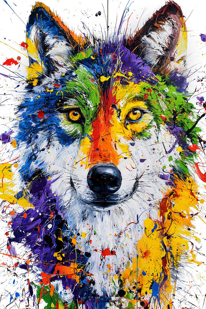 2508019 - Im Blick des Wolfes | Modernes Wolf Gemälde mit vielen bunten Farbspritzern. Bestelle dieses Motiv als hochwertigen Kunstdruck, z.B. auf Leinwand oder hinter Acrylglas in vielen Formaten.