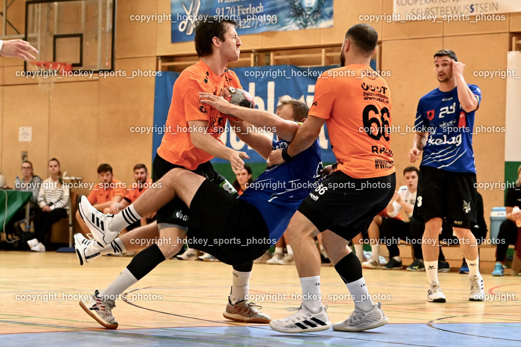 SC Ferlach vs. HSG Holding Graz 23.9.2023 | #11 ALBEK Joszef Holding Graz, #57 LEBAN Patrik SC Ferlach, #66 RASCHID Ramon Holding Graz, SC Ferlach vs. HSG Holding Graz 23.9.2023, SC Ferlach vs. HSG Holding Graz am 23.09.2023 in Bleiburg (Ballspielhalle Ferlach), Austria, (Photo by Bernd Stefan)
