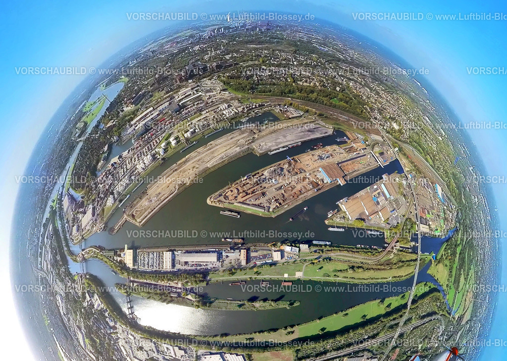 Duisburg221006_01Duisport | Luftbild, Duisport, Duisburger Hafen, Hafenkanal, Fluss Ruhr, Ölinsel, Schrottinsel, Fisheye Aufnahme, Fischaugen Aufnahme, 360 Grad Aufnahme, Ruhrort, Duisburg, Ruhrgebiet, Nordrhein-Westfalen, Deutschland