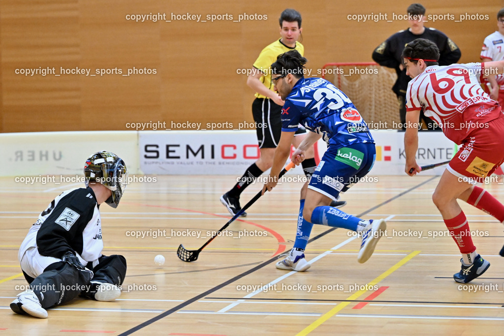 VSV Unihockye vs. KAC Floorball | #55 Maximilian Obereder KAC Floorball, #30 Christoph Steiner VSV Unihockey, #69 Nikita Münch KAC Floorball, VSV Unihockye vs. KAC Floorball, VSV Unihockye vs. KAC Floorball am 13.04.2025 in Villach (Ballspielhalle St. Martin), Austria, (Photo by Bernd Stefan)