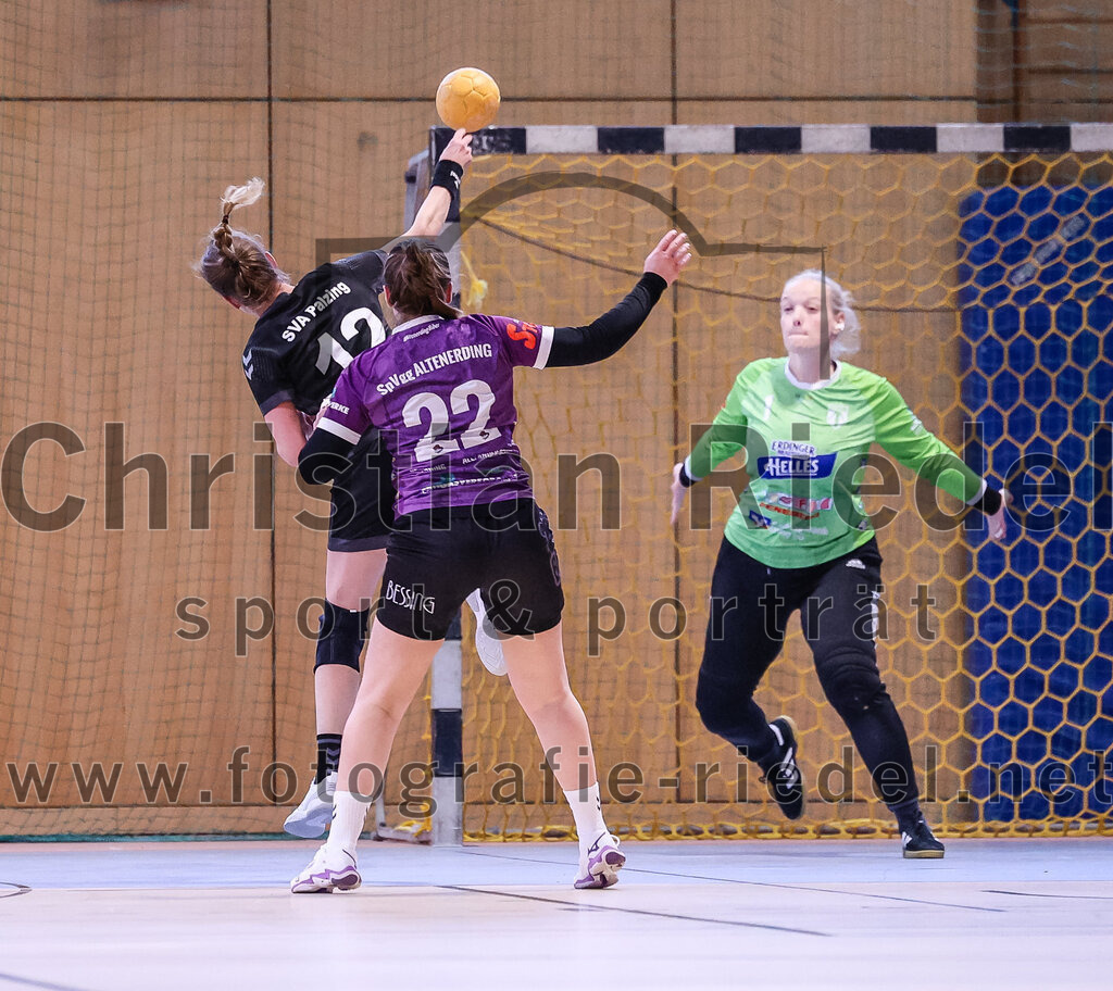 2024-12-14_051_SpVgg_Altenerding_gegen_SVA_Palzing | Erding, Deutschland, 14.12.2024:Handball, Bezirksoberliga Frauen Altbayern 2024 / 2024, 9. Spieltag, SpVgg Altenerding gegen SVA Palzing, Endergebnis: 20:30Sandra Redl (SVA Palzing, #12), Johanna Taubmann (SpVgg Altenerding, #22), Torfrau Hanna Obermair (SpVgg Altenerding, #1)Foto: Christian Riedel / fotografie-riedel.net