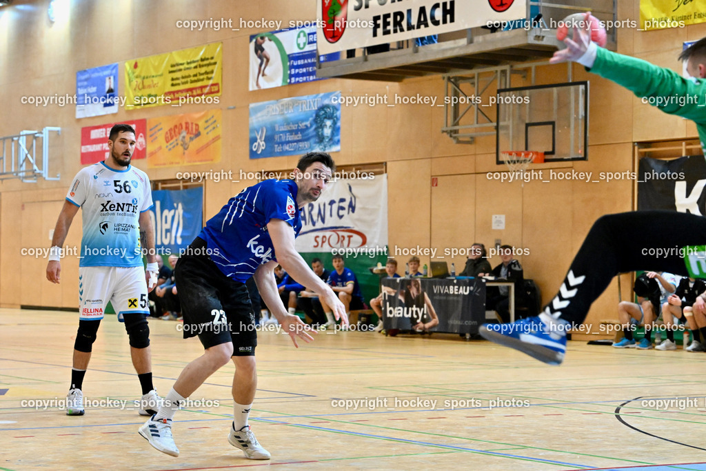 SC Ferlach vs. HSG Bärnbach/Köflach 30.3.2024 | #56 Beciri Kristian HSG Bärnbach, #23 KOCBEK Jure SC Ferlach, SC Ferlach vs. HSG Bärnbach/Köflach 30.3.2024, SC Ferlach vs. HSG Bärnbach/Köflach am 30.03.2024 in Ferlach (Ballspielhalle Ferlach), Austria, (Photo by Bernd Stefan)