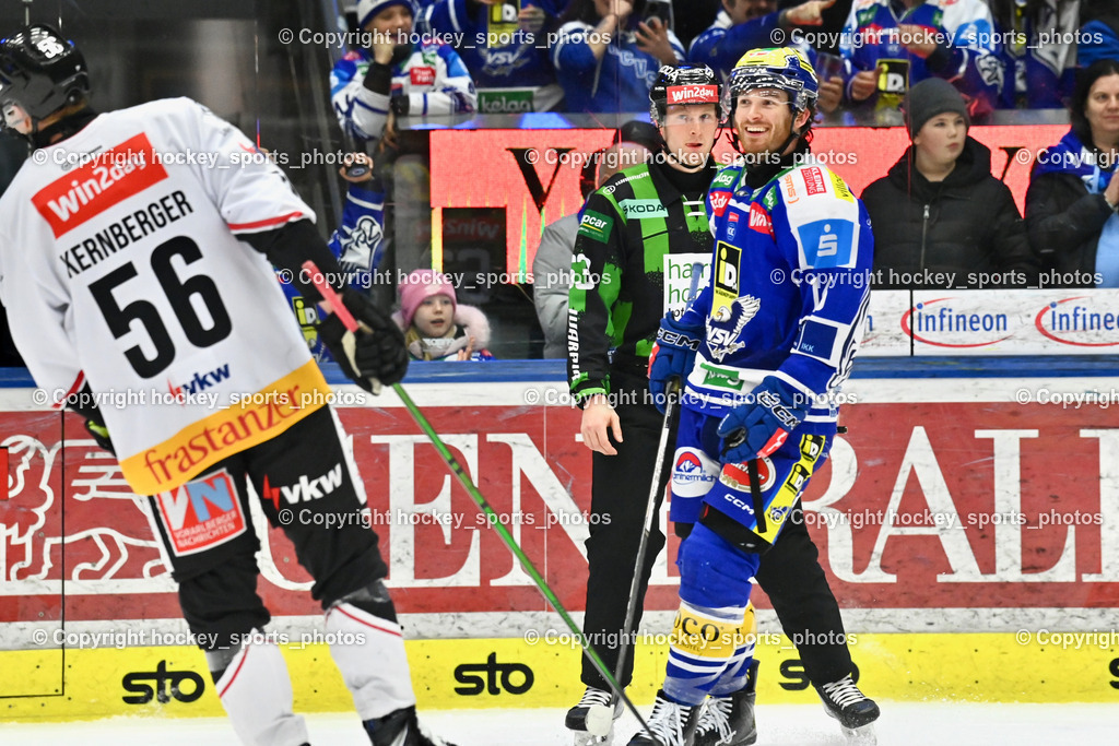 EC IDM Wärmepumpen VSV vs. Pioneers Vorarlberg | #56 Michael Kernberger Pioneers Vorarlberg, #16 Kevin Hancock EC VSV, RIECKEN SIMON Referee, EC IDM Wärmepumpen VSV vs. Pioneers Vorarlberg, EC IDM Wärmepumpen VSV vs. Pioneers Vorarlberg am 22.02.2026 in Villach (Stadthalle Villach), Austria, (Photo by Bernd Stefan)