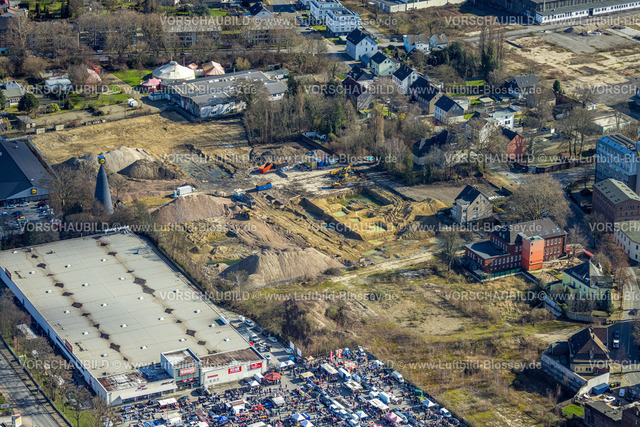 Herne230211979 | Luftbild, Baustelle und geplanter Neubau von Reihenhäusern auf dem ehem. Knipping Dorn Gelände, zwischen Rewe und PLANB-Familienzentrum Kinderwelt, Trödelmarkt am Rewe, Baukau, Herne, Ruhrgebiet, Nordrhein-Westfalen, Deutschland