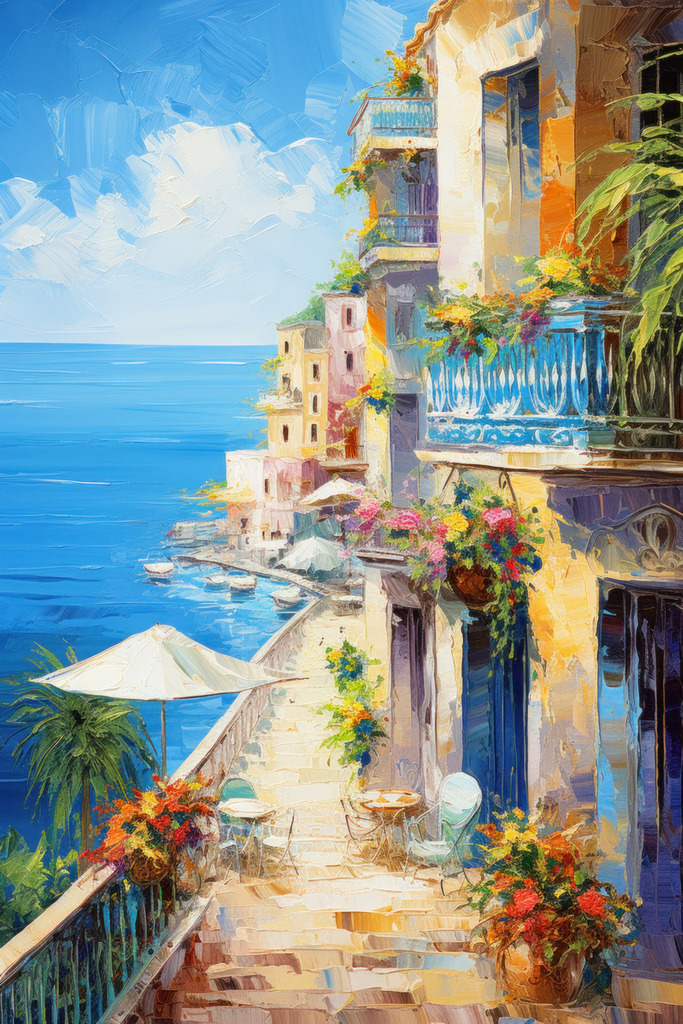2308013 - Mediterrane Küste II | Wunderschöner Blick auf das blaue Mittelmeer. Bestellen Sie dieses Motiv als hochwertigen Kunstdruck auf Leinwand, Acrylglas, Alu-Dibond oder als Poster. 
Das Bild wurde digital erstellt und hat die Anmutung eines Gemäldes.
