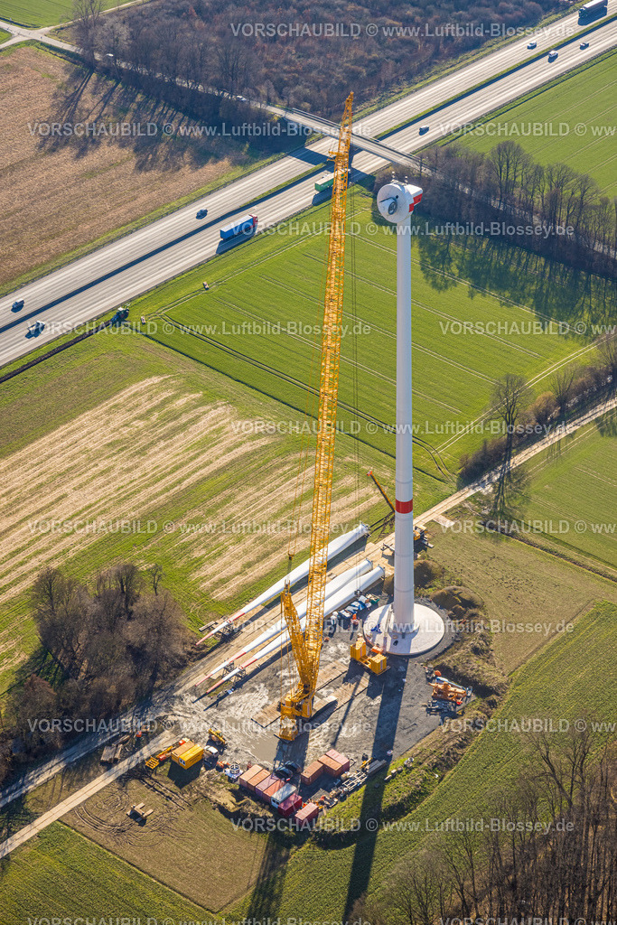 Hamm230216379 | Luftbild, Windrad Baustelle mit Neubau, am Hellweg nahe der Autobahn A2, Stadtbezirk Pelkum, Hamm, Ruhrgebiet, Nordrhein-Westfalen, Deutschland