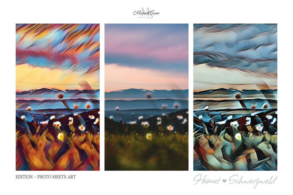 Edition “PHOTO MEETS ART” | Die Edition “PHOTO MEETS ART” ist eine außergewöhnliche Schwarzwald-Bildergalerie für alle Kunstliebhaber. Bei diesen Werken handelt es sich um exklusive Digitalkunst, bei denen mittels künstlicher Intelligenz neue Visualisierungen erschaffen wurden. Das Ergebnis ist eine 3er-Bild-Collage mit der realen Fotografie im Zentrum, flankiert von zwei unterschiedlichen Kunststilen. Natürlich ausschließlich mit Bildern aus dem Schwarzwald! - Realisiert mit Pictrs.com