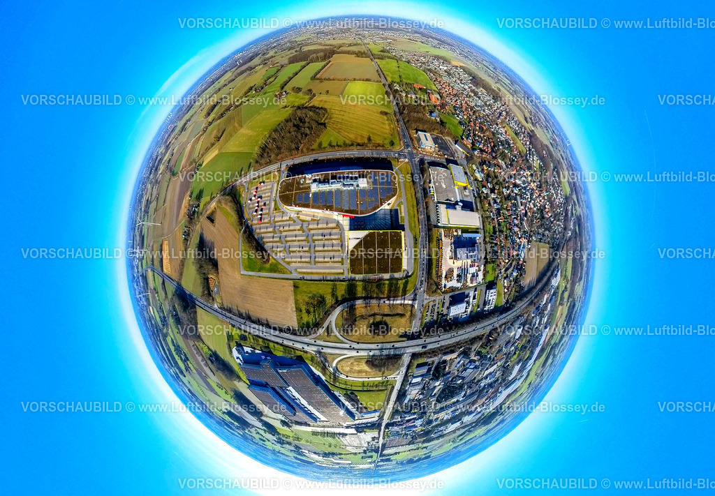 Hamm240190137A2_Rhynern_Hoeffner_Rullko_Zeppelin-Baumaschinen_Werlerstrasse | Luftbild, Gewerbegebiet an der Werler Straße Bundesstraße B63 und BAB Autobahn A2, Möbelhaus Höffner, Rullko SB Großmarkt und Zeppelin Baumaschinen GmbH, Mensing Galerie Baustelle, Erdkugel, Fisheye Aufnahme, Fischaugen Aufnahme, 360 Grad Aufnahme, tiny world, little planet, fisheye Bild, Stadtbezirk Rhynern, Hamm, Ruhrgebiet, Nordrhein-Westfalen, Deutschland