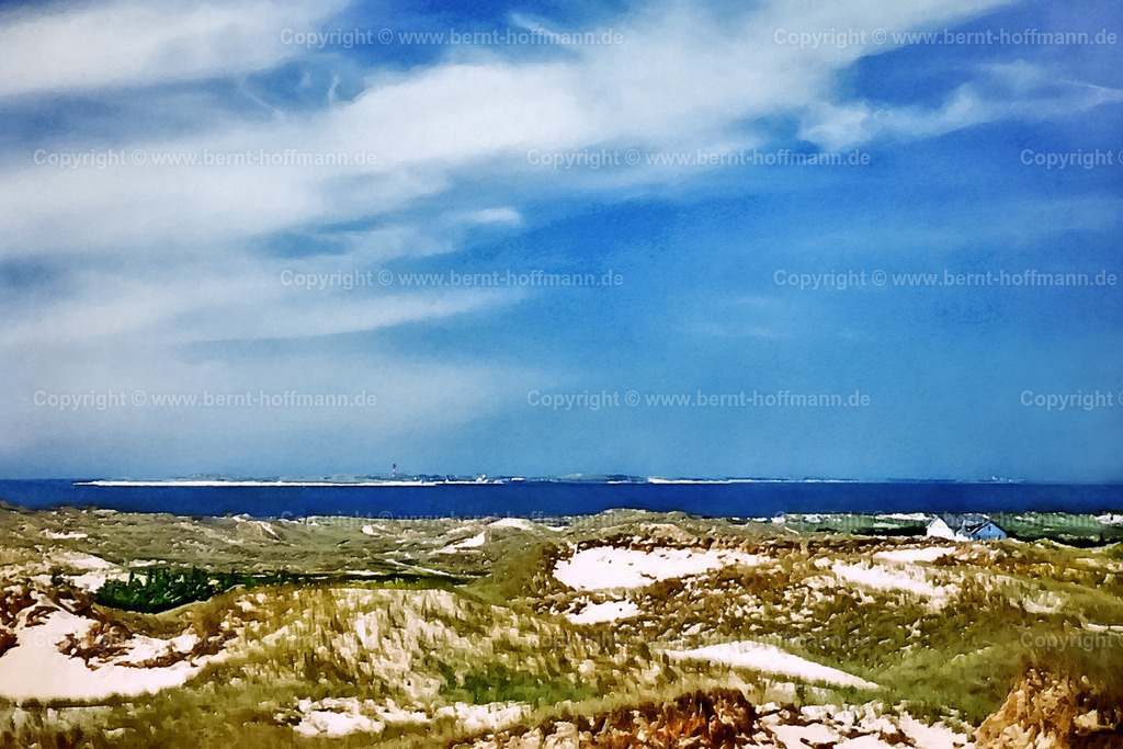 PDM2_Amrum-Sylt_150x100 | DIGITALKUNST. Zwischen den Inseln. __ Dünenlandschaft im Norden von Amrum mit dem Blick nach Sylt unter blau-weißem Himmel.  - Realisiert mit Pictrs.com