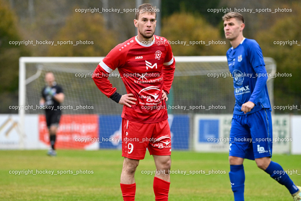 SV Rothenthurn vs. Union Matrei | #9 Grega Gorisek SV Rothenthurn, #27 Hannes Wibmer Matrei, SV Rothenthurn vs. Union Matrei, SV Rothenthurn vs. Union Matrei am 09.11.2024 in Rothenthurn (Sportplatz Rothenthurn), Austria, (Photo by Bernd Stefan)