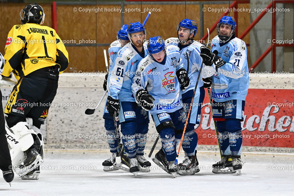 EC Spittal Hornets vs. ESC Steindorf 28.10.2023 | #1 Zauchner Rene, Jubel ESC Steindorf Mannschaft, #61 Friedrich Daniel, #46 Maurer Julian, #88 Groyer Fabian, #71 Dobnig Elias
