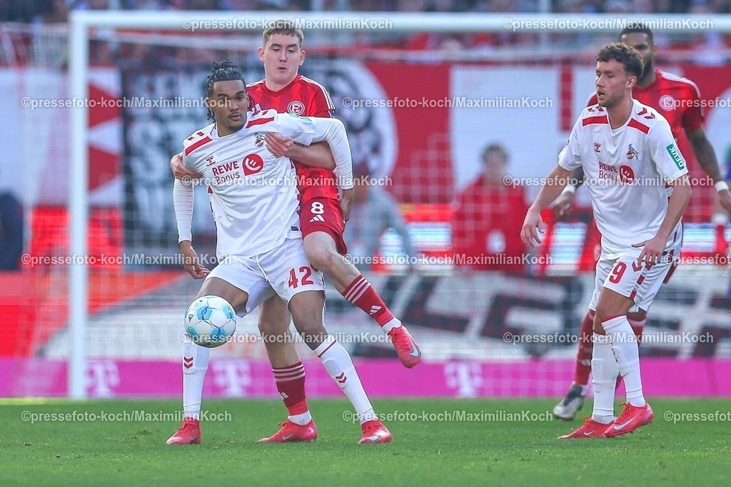 1FC23022501038 | 23.02.2025, Fußball, 1. FC Köln - Fortuna Düsseldorf, 2.. Fußball Bundesliga, 23. Spieltag, RheinEnergie-STADION, Saison 2024 2025: Damion Downs (FC Köln #42) im Zweikampf gegen Isak Johannesson (Fortuna Düsseldorf #8)DFB regulations prohibit any use of photographs as image sequences and or quasi-video.