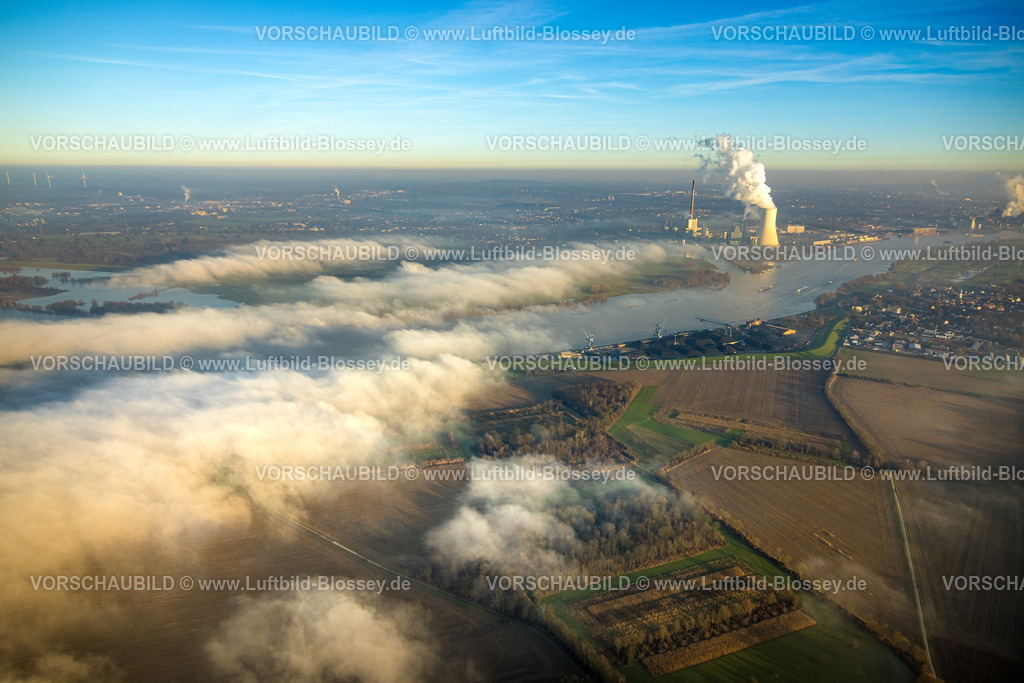 Duisburg241202811 | Luftbild, logport VI Baugebiet, STEAG Kraftwerk Walsum am Fluss Rhein und Kühlturm Rauchwolke, Nebel am Fluss, Alt-Walsum, Duisburg, Ruhrgebiet, Nordrhein-Westfalen, Deutschland
