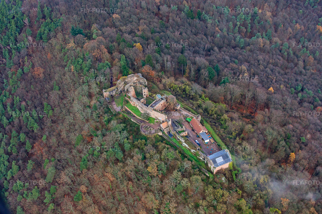 Luftbild: Burgruine Madenburg unter Nebelschwaden in Eschbach im Bundesland Rheinland-Pfalz in Deutschland. Foto: IMG_61146.jpg vom 30.11.2013 durch Werner Riehm/FLY-FOTO.de