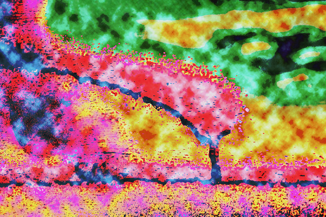 Tree of Life (Liminal Space Series) - 3D Effects | In the Liminal Space series, the concept of a traditional landscape is dismantled and rebuilt into an imagined alien topography. The vivid colors drawn into abstraction create a mysterious mood that hovers on the edge of recognition. Organic shapes resembling the sun, trees and clouds, or fields and waters seen from above bleed into triangles, oval shapes, cubes and fractured rays of light. The viewer witnesses a beautiful fantasy world detached from, but possibly parallel to our own. This is a preview image. The original has a resolution of 10630 x 7087 px. - Realisiert mit Pictrs.com