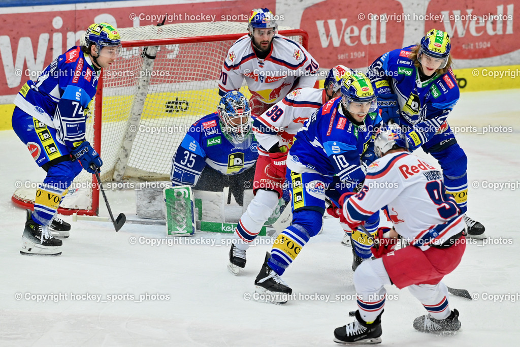 EC IDM WÄRMEPUMPEN VSV vs. EC Red Bull Salzburg | #74 COATTA Max EC VSV, #35 Cannata Joe EC VSV,#39 Genoway Charles EC Redbull Salzburg, #12 Pearson Chase EC VSV, #10 VALLANT Thomas EC VSV, #96 Huber Mario EC Redbull Salzburg, EC IDM WÄRMEPUMPEN VSV vs. EC Red Bull Salzburg, EC IDM WÄRMEPUMPEN VSV vs. EC Red Bull Salzburg am 17.01.2025 in Villach (Stadthalle Villach), Austria, (Photo by Bernd Stefan)