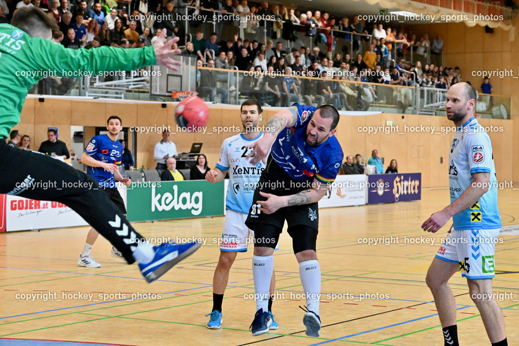 SC Ferlach vs. HSG Bärnbach/Köflach 30.3.2024 | #23 Grbavac Josip HSG Bärnbach, #81 MILICEVIC Adrian SC Ferlach, #35 DJURDJEVIC Milos, SC Ferlach vs. HSG Bärnbach/Köflach 30.3.2024, SC Ferlach vs. HSG Bärnbach/Köflach am 30.03.2024 in Ferlach (Ballspielhalle Ferlach), Austria, (Photo by Bernd Stefan)
