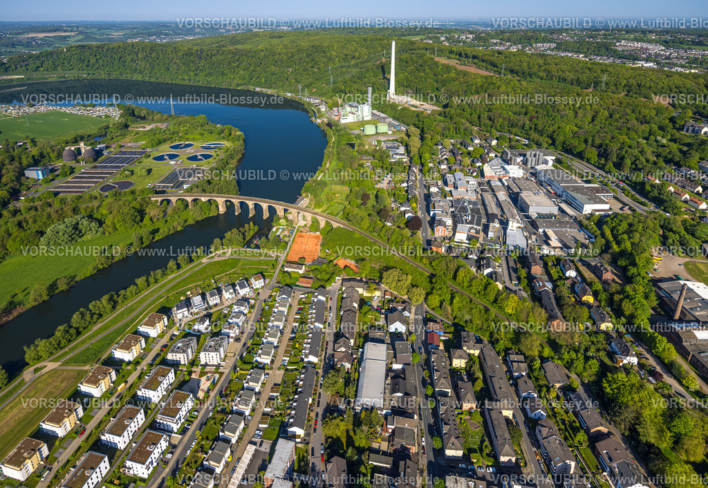Herdecke240503266 | Luftbild, Herdecke Ortsansicht mit Quartier Ruhr-Aue, Fluss Ruhr und Ruhrpromenade, Ruhr-Viadukt Herdecke und Harkortsee, Cuno Schornstein Sehenswürdigkeit, Mark-E GuD Gas und Dampf-Kraftwerk, Ruhrverband Kläranlage Hagen, Gewerbegebiet Auf der Helle und Wetterstraße, Ardeygebirge, Herdecke, Ruhrgebiet, Nordrhein-Westfalen, Deutschland
