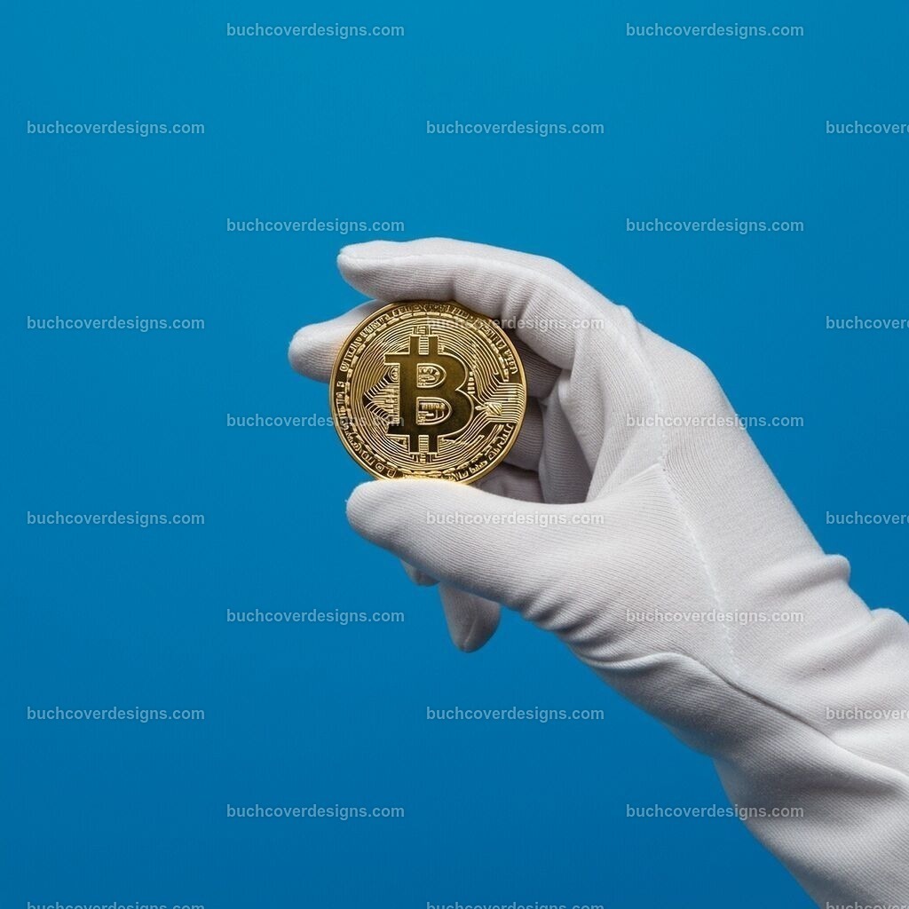 Golden Bitcoin Hand mit weißen Baumwollhandschuhe | Entdecken Sie kreative Buch Cover Designs für Self-Publishing-Autoren und Verlage! Unsere maßgeschneiderten Designs ziehen Leser an und bringen Ihre Geschichten visuell zum Leben. Lassen Sie uns Ihr perfektes Cover gestalten!