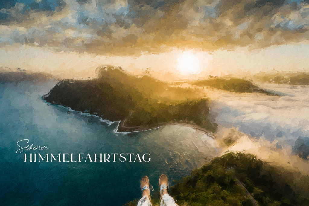 Schönen Himmelfahrtstag | Bild zu Himmelfahrt mit abgehobenen Füßen in der Luft. Ruhige Gelassenheit. ++++++++++ ✔ Einzigartiger Designstil von Jonathan Schöps (Master of Arts) +++ ✔ Mit deinem Kauf unterstützt du direkt den selbstständigen Gestalter, unabhängig von Zwischenhändlern +++ ✔ sicher bezahlen per Rechnung, Paypal, Kreditkarte, Vorkasse oder Lastschrift +++ Meine Kunden bewerten undarstellbar mit 4,9/5 ⭐⭐⭐⭐⭐ Sternen.