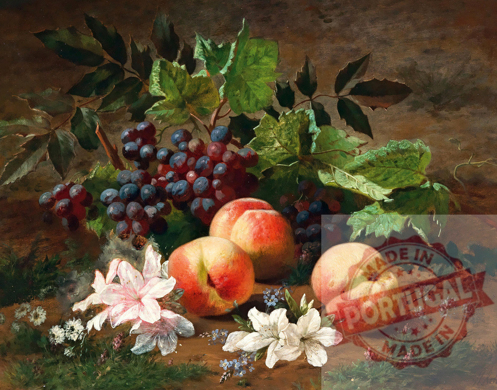 Still life painting featuring peaches, grapes, and flowers. Henri Rousseau | Still life painting showing ripe peaches, dark grapes, and delicate flowers with green leaves - Realized with Pictrs.com