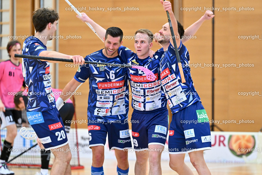VSV Unihockey vs. Wiener Floorball Verein | Jubel VSV Unihockey Mannschaft, #29 Anze Brajic VSV Unihockey, #6 Timo Schmid VSV Unihockey, #5 Michael Kanduth VSV Unihockey, #20 David Gredler VSV Unihockey, VSV Unihockey vs. Wiener Floorball Verein, VSV Unihockey vs. Wiener Floorball Verein am 18.05.2025 in Villach (Ballspielhalle St. Martin), Austria, (Photo by Bernd Stefan)
