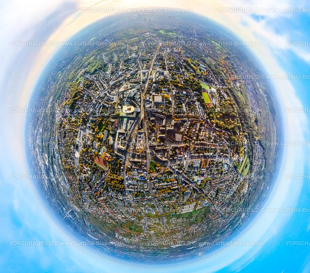 Bottrop20221006_1Hansacenter_City3 | Luftbild, City und Hansacenter, Fisheye Aufnahme, Fischaugen Aufnahme, 360 Grad Aufnahme, Altstadt, Bottrop, Fisheyeaufnahme, Ruhrgebiet, Nordrhein-Westfalen, Deutschland