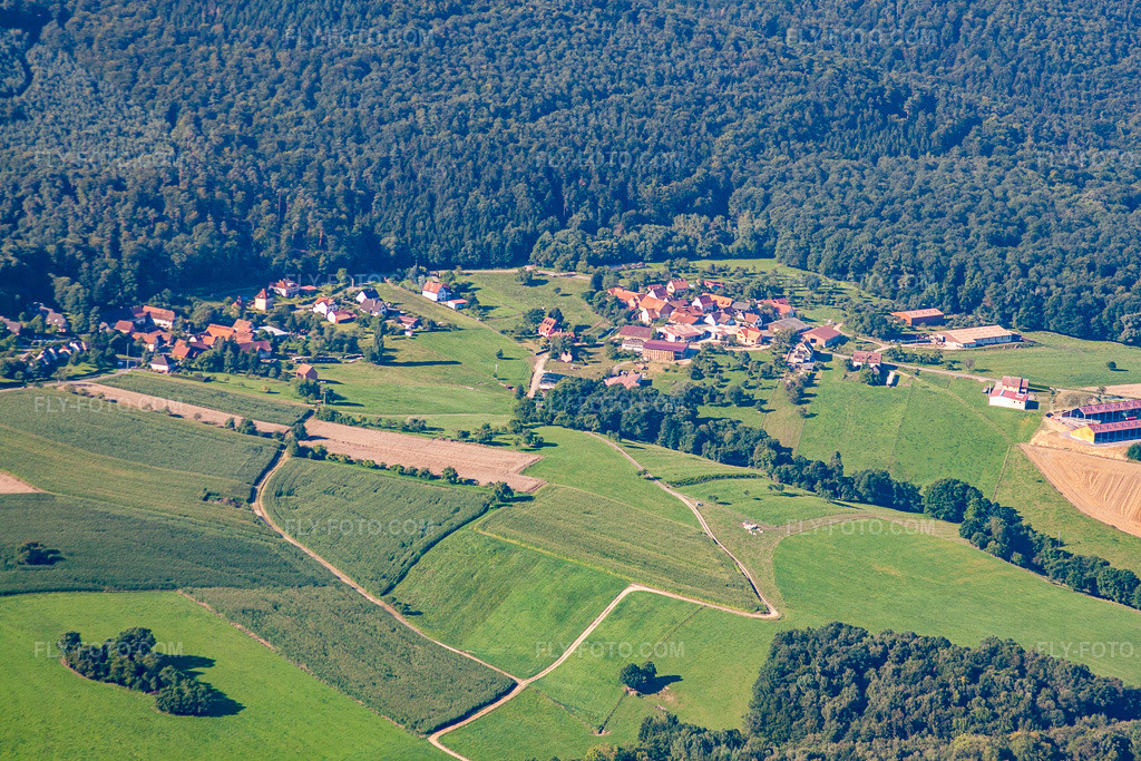 Aerial view: Pfaffenbronn in Lembach in the state Bas-Rhin, France. – Photo: IMG_31093.jpg taken on 08/07/2010 by Werner Riehm/FLY-FOTO.com – Resolution of the original: 4752 x 3168 px