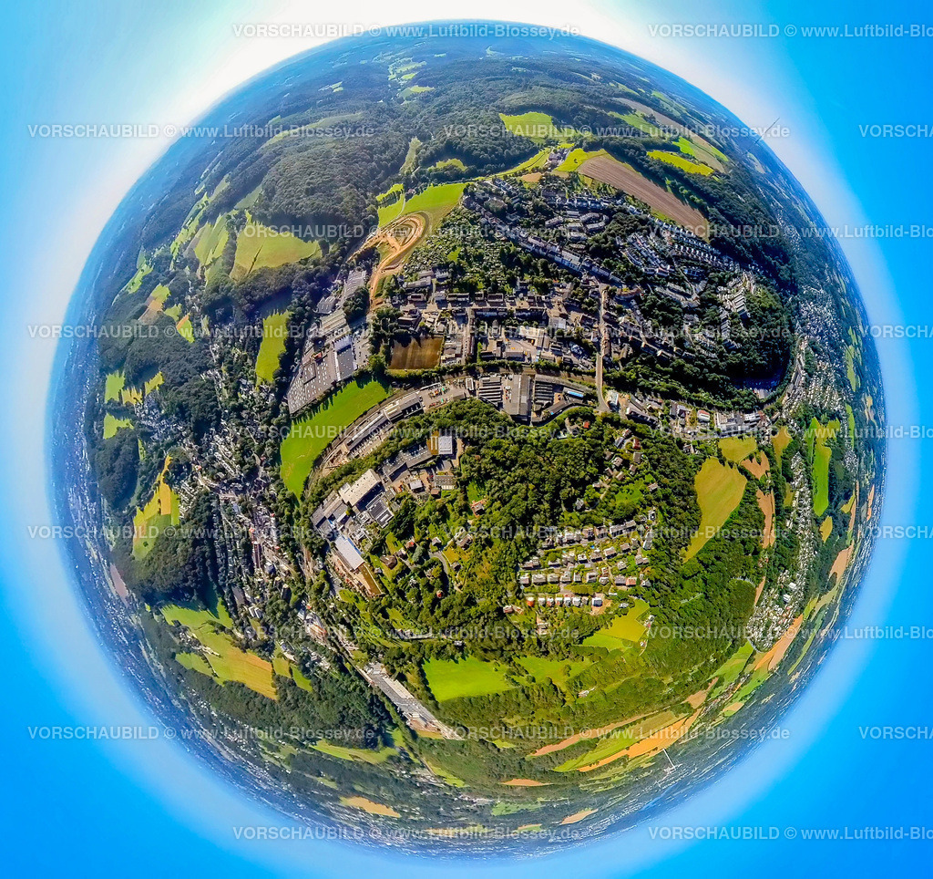 Velbert240890705Langenberg_Nierenhof | Luftbild, Ortsansicht Nierenhof, Bonsfelder Straße und Bahngleise, Baugebiet Fellerstraße, Erdkugel, Fisheye Aufnahme, Fischaugen Aufnahme, 360 Grad Aufnahme, tiny world, little planet, fisheye Bild, Langenberg, Velbert, Ruhrgebiet, Nordrhein-Westfalen, Deutschland